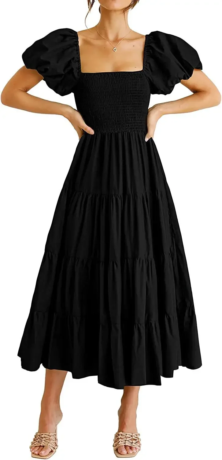 Vestido midi feminino casual de verão, manga curta bufante, gola quadrada, vestidos boho em camadas