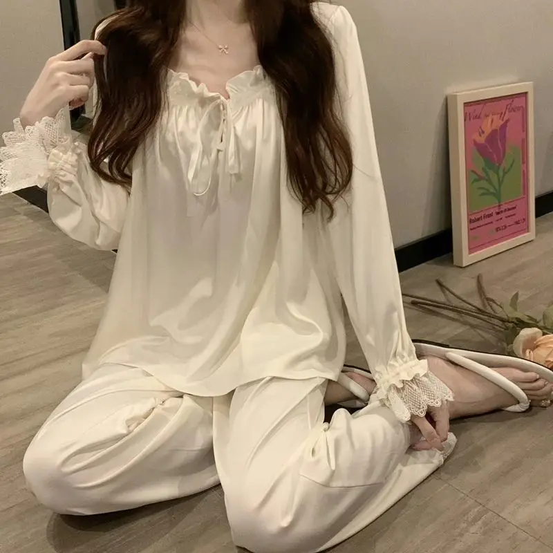 Spring Autumn 2Pcs Pajamas Set Silk Stain Lace Trim Home Suit Women\'s Casual Luxury Loungewear Female Long Sleeve Soft Sleepwear