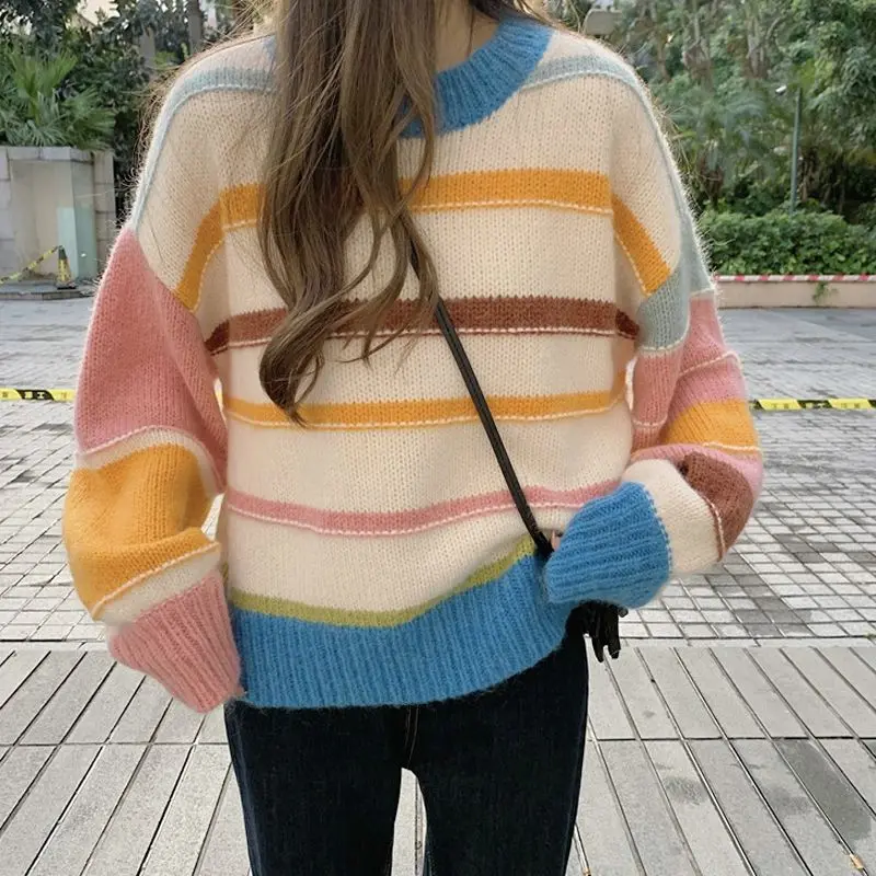 Korean High Quality Stripe Pullovers Women Colorful Baggy Tender O-Neck Sweater Fluffy Knitted Female Harajuku