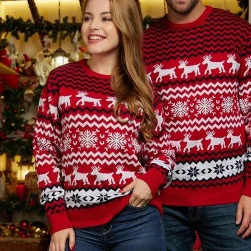 2024 New Women Men Christmas Sweaters Couples Matching Outfits Warm Thicken Sweater Soft Jacquard Knitwear Family Look Pullover