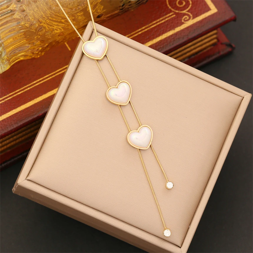 316L Stainless Steel Shell Pearl Heart-Shaped Zircon Long Tassels Pendant Necklaces Ladies Fashion Exquisite Jewelry Party Gifts