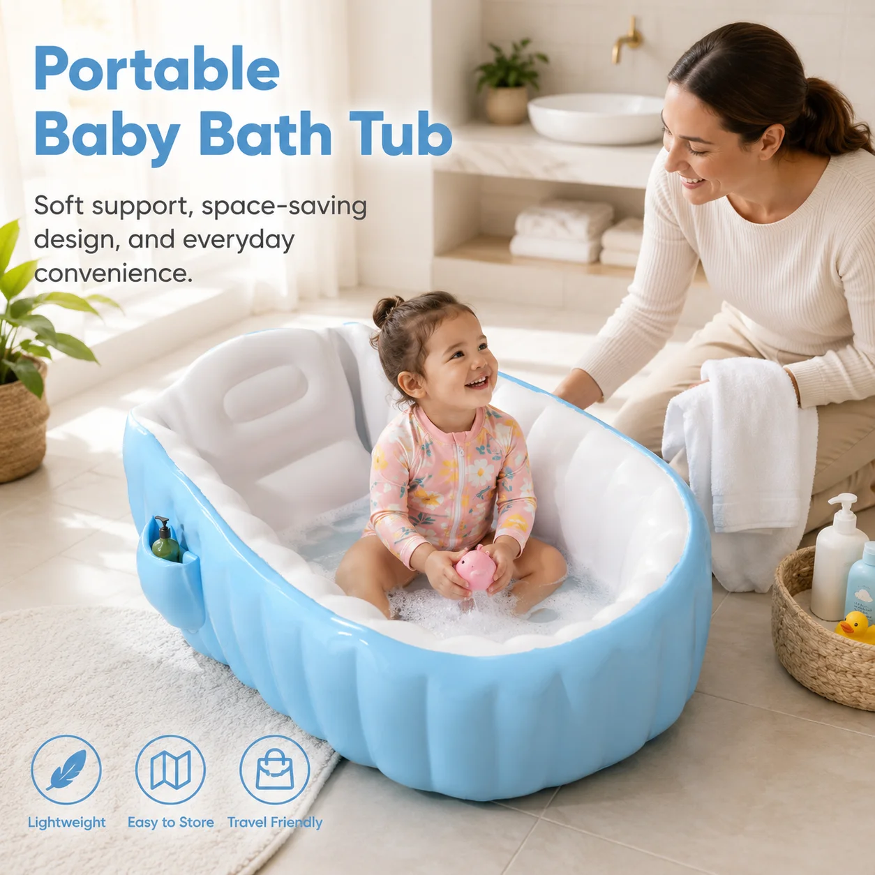 1pc Portable Inflatable Bathtub with Back Support, Storage Pocket and Drain Plug, Foldable Bath Tub for Home Travel