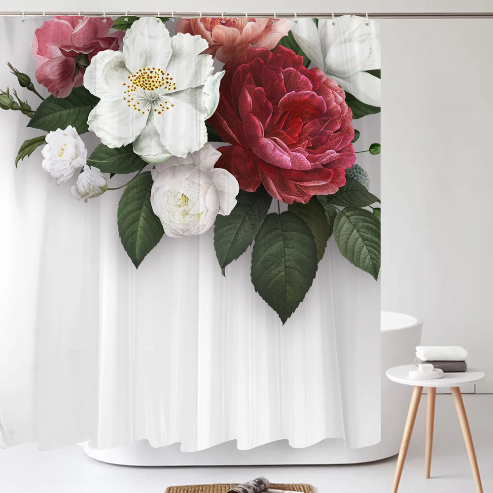 1Pcs elegant rose flower printed fabric waterproof shower curtain, romantic and fashionable rose bathroom decoration, with hooks