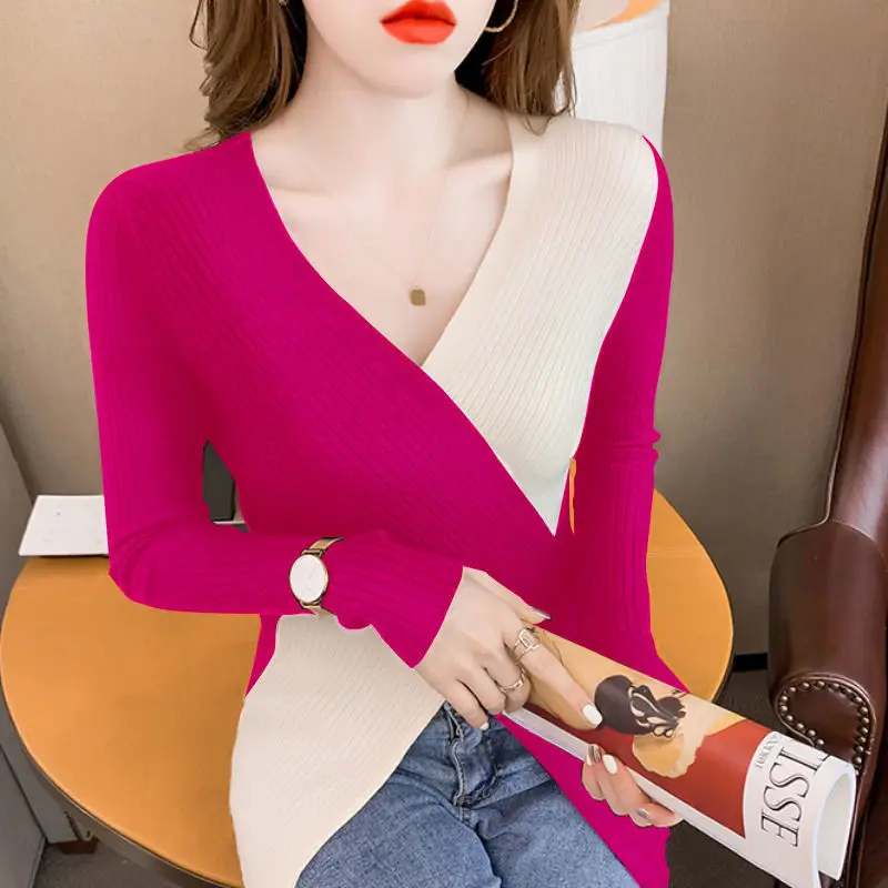 Fashion V-Neck Knitted Spliced Loose Irregular Sweater Women\'s Clothing 2022 Autumn New All-match Casual Pullovers CommuteTops