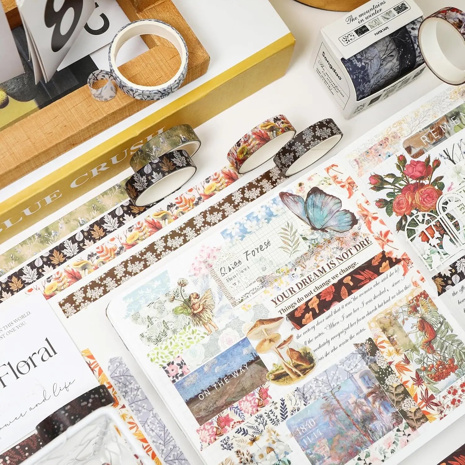 5롤/세트 겨울 산 시리즈 꽃 무늬 와시 테이프 계절 꽃잎 장식용 눈 마스킹 테이프 예술 DIY A7910