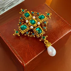 Vintage Cross Brooch for Women Geometric Green Crystal Pearl Pendant Jewelry Accessories