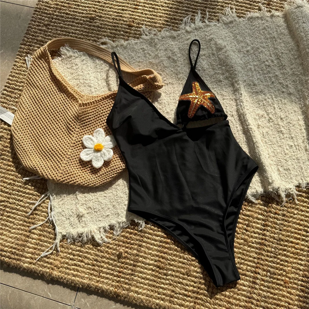 Sexy asymmetrischer, glänzender Badeanzug mit Sternen-Pailletten, einteiliger Badeanzug für Damen, Monokini mit hohem Beinausschnitt, Badebekleidung, Badeanzug, Modell V7158. – Detail 8