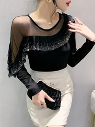 Spring Autumn Ringstones Ruffles Long Sleeve Mesh T-shirt Tee New Female Round Collar Sheath Tops T-shirts for women