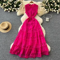 Sexy Hollow Out Embroidery O Neck Sleeveless Bandage Long Dresses Chic Evening Party Summer Vestidos Women Hip Wrap Clothing
