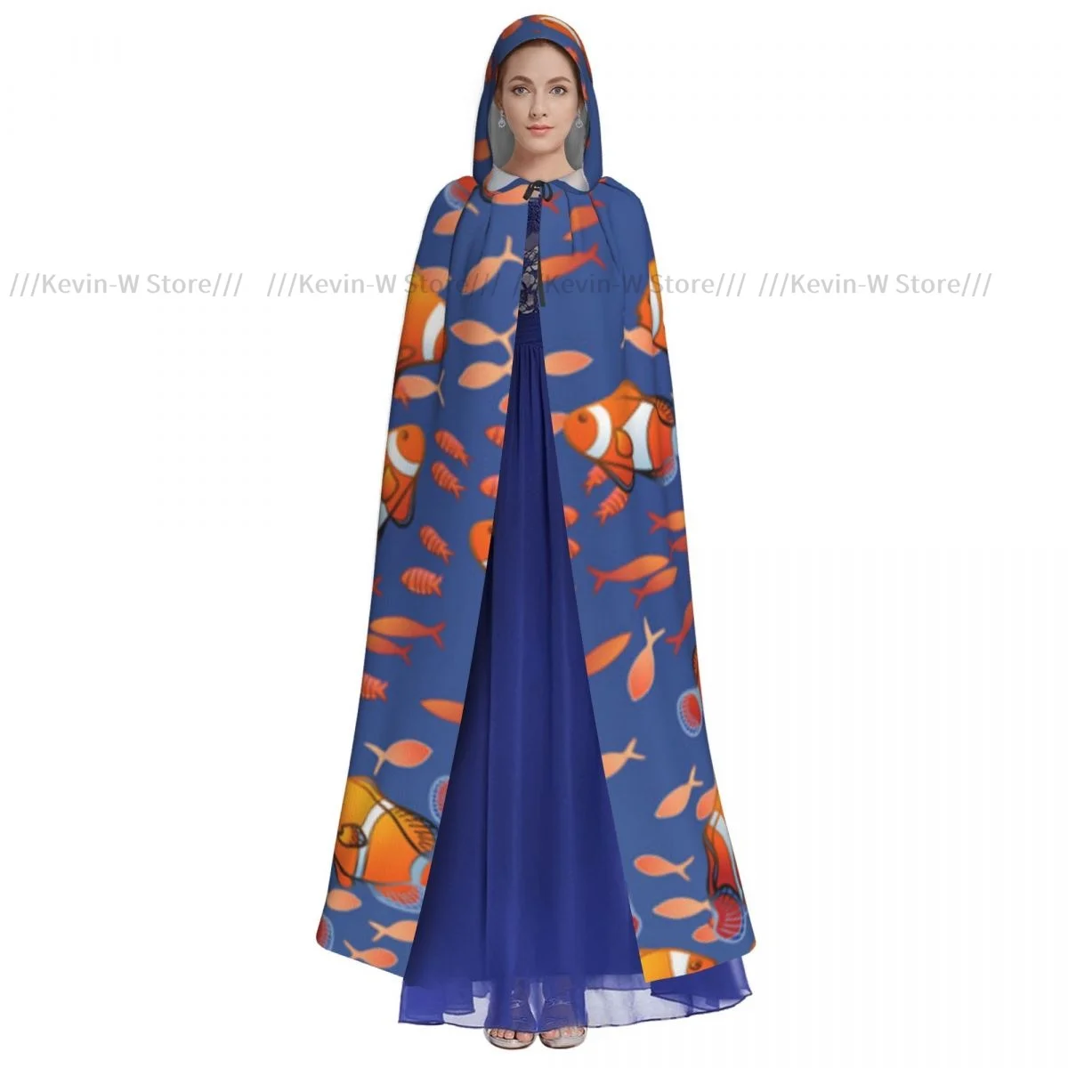 Unisex Adult Ocean Fish Pattern Cloak with Hood Long Witch Costume Cosplay