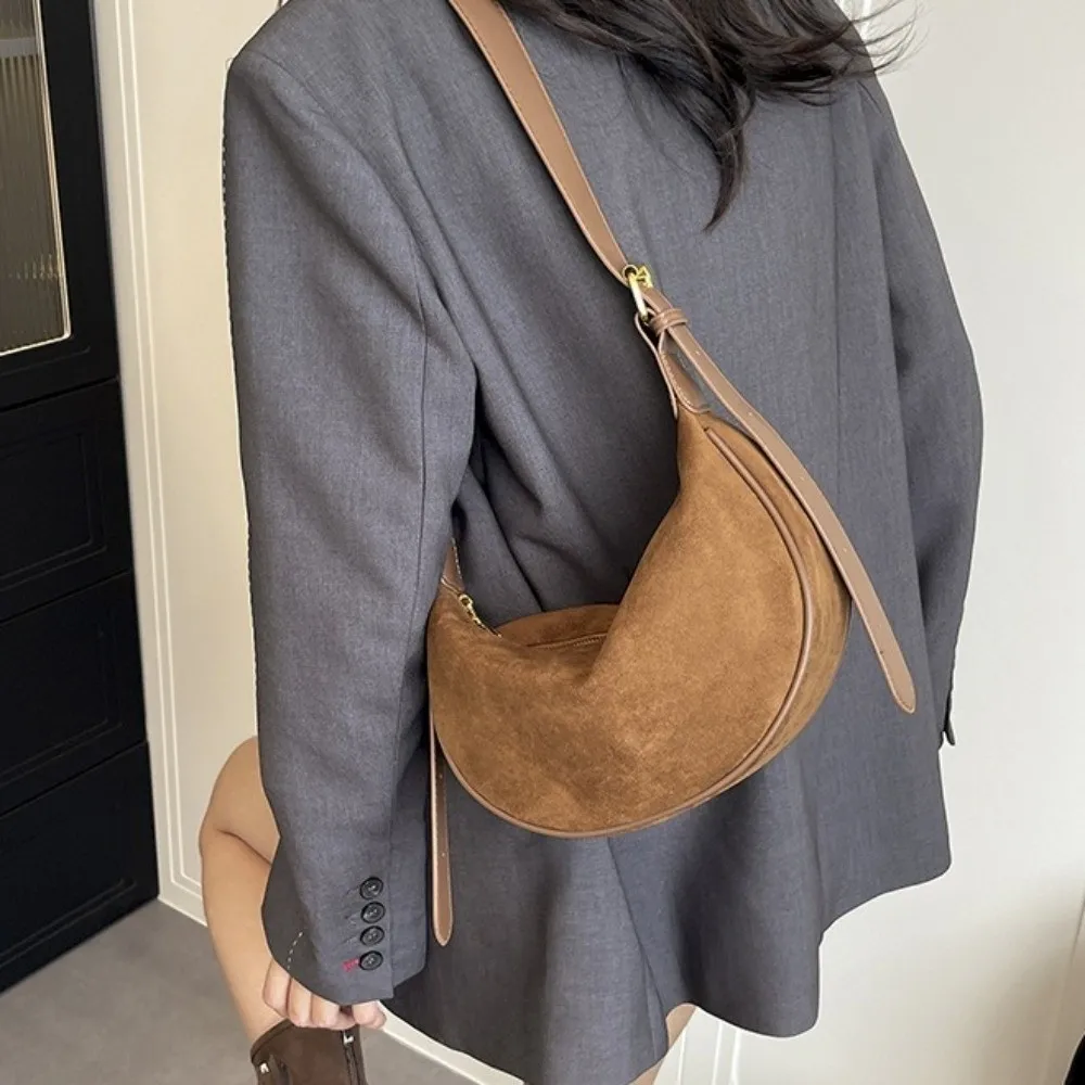 Zipper Closure Dumpling Underarm Bag Adjustable Strap Wide Leather Strap Suede Shoulder Bag Color Block Large Capacity