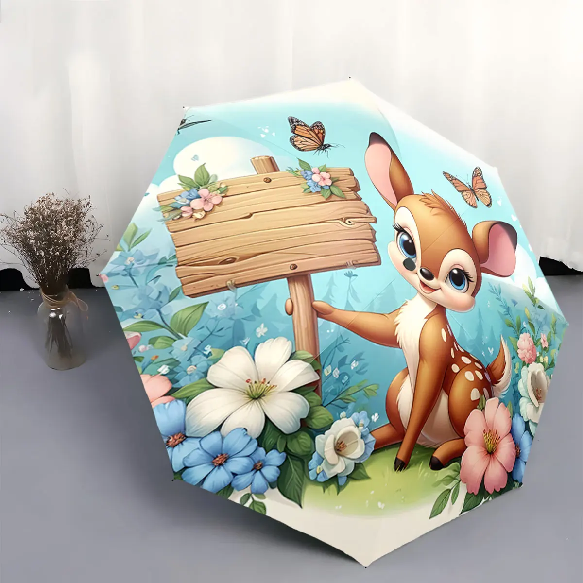 Cute Deer with Wooden Sign Amid Floral Meadow Artwork portable waterproof sun rain umbrella for outdoor travel beach
