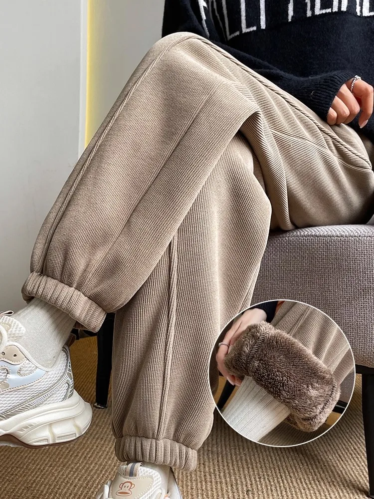 Lamb Velvet Drawstring Sports Pants Women's Autumn Winter Thickened Fleece Loose Warm Harlan Mom Pants Casual Trousers