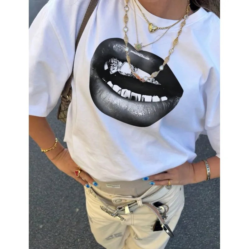Hip Hop Y2k Women's Pure Cotton T-shirts Print Lips Casual Fashion Cheap Trend Street Aestheticshort Sleeved Shopping Date Tops