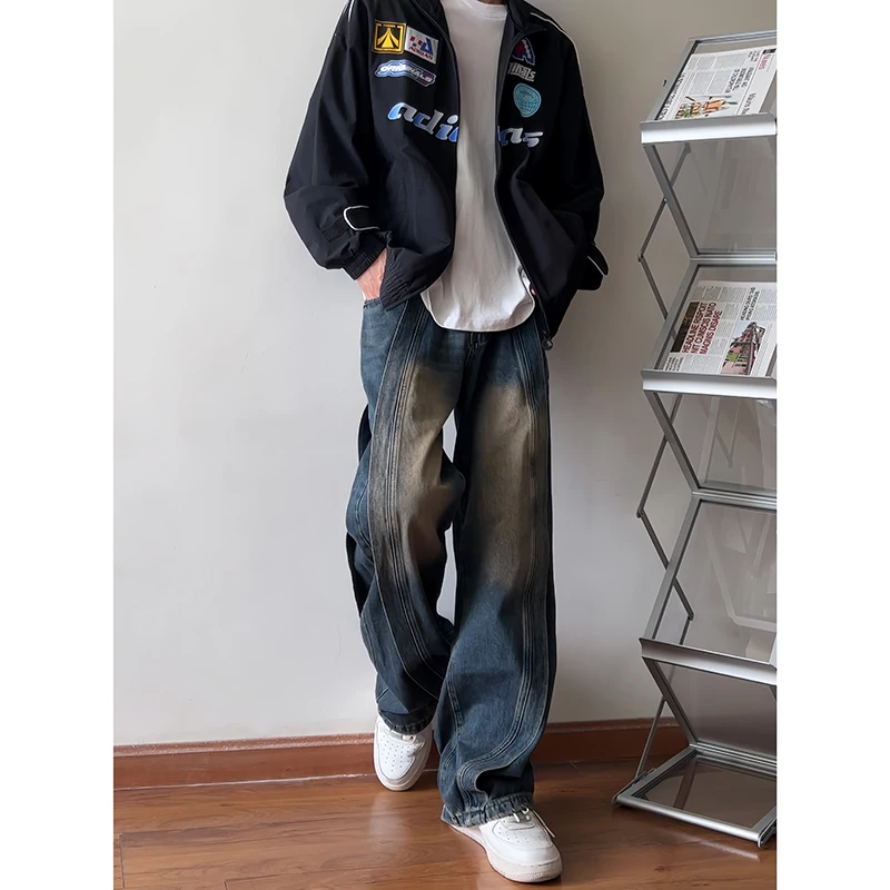 

Мужские джинсы с широкими штанинами в стиле ретро, американские, в стиле High Street, осенние, в стиле West Coast, оверсайз, рабочие брюки, молодежные, модные, износостойкие