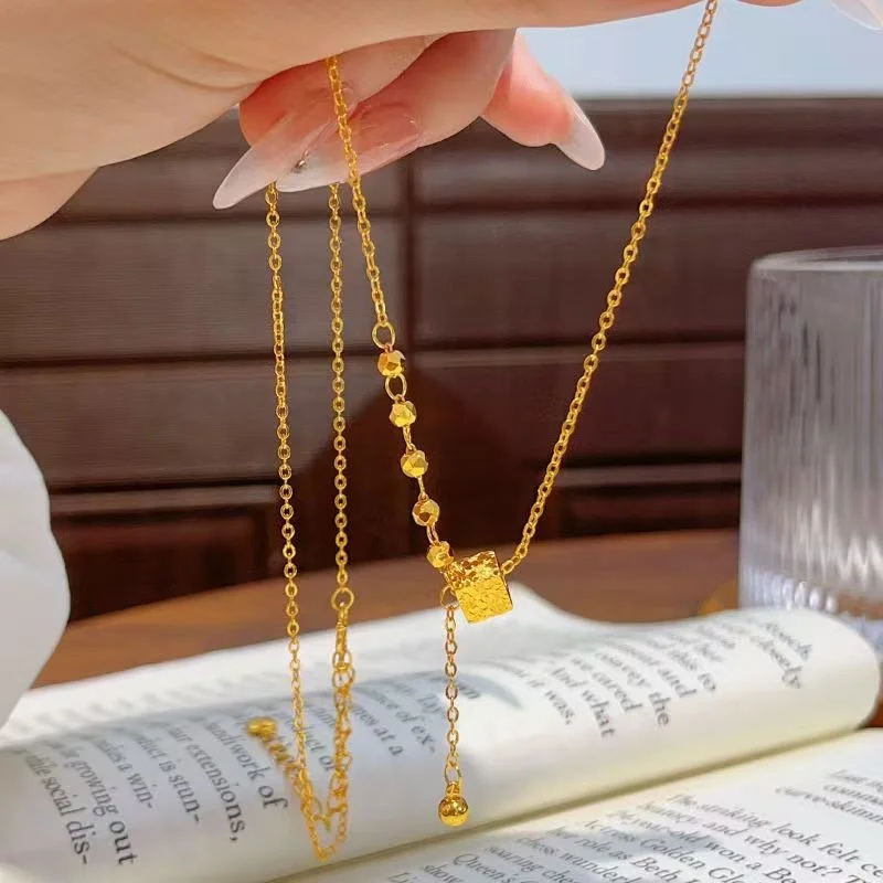 

18K Women's Necklace 999 Jewelry, Sparkling 4-Side Ice Chips Square Tassel, Stylish Collar Chain, Birthday Party Gift