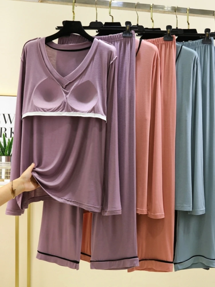 Modal Long Sleeve Sleepwear Set Women's Integrated Home Clothes Chest Pad Thin Loose Two-Piece Spring Autumn Home Leisure
