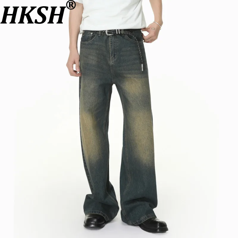 

HKSH Spring New Men's American Cleanfit Distressed Straight Light Luxury Versatile Drapey Jeans Vintage Denim Pants Vibe HK21690