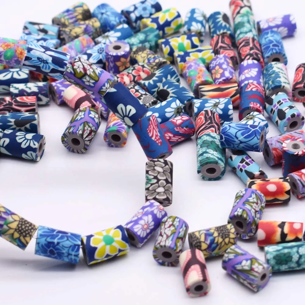 Mixed-color 7x11mm Tube Polymer Clay Beads Flower Pattern Printing Beads Tube Loose Spacer Beads for Jewelry Making DIY Bracelet