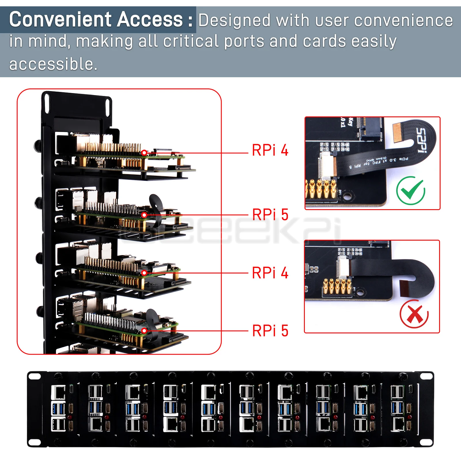 2U Rackmount Steel Bracket Kit for Raspberry Pi 5 M.2 NVMe SSD 2230/2242/2260/2280 10 Slots