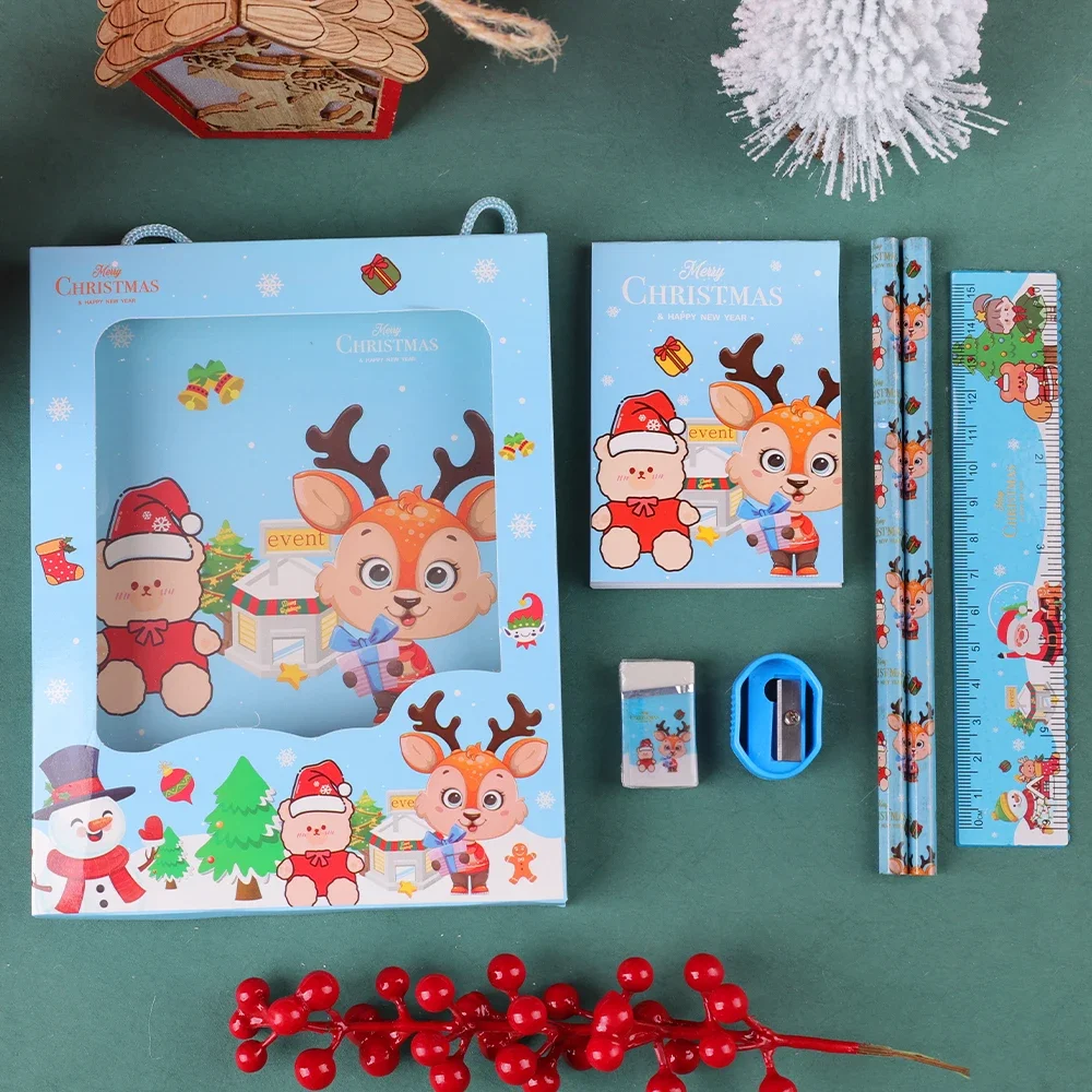 6pcs/set Christmas Gifts for Kids Stationery Set Party Favor Pencil Sharpener Eraser Note Book Kawaii School Stationery Supplies