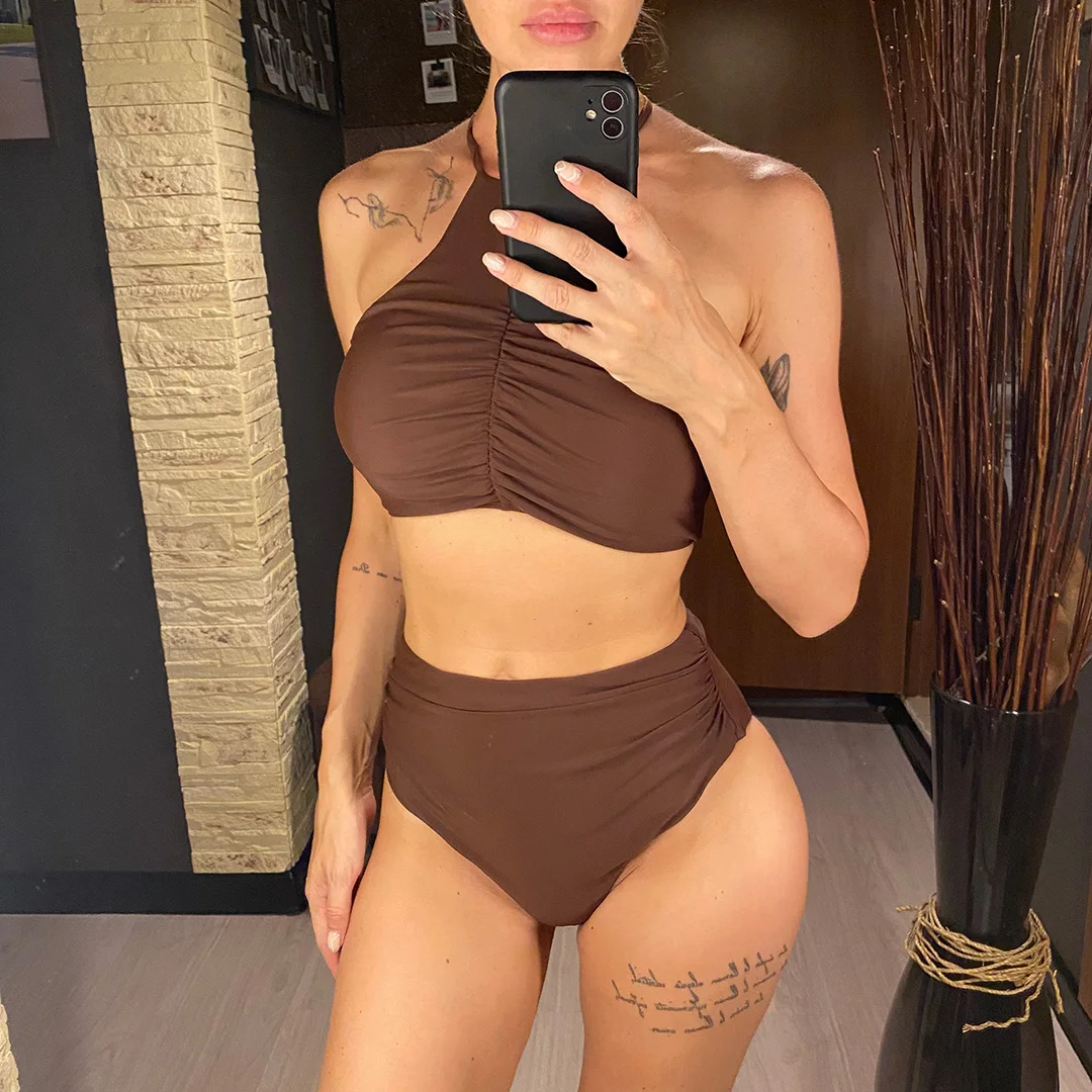Halter Neckholder-Bikini mit Falten, hoher Halsausschnitt, Damen-Badeanzug, Bikini mit hoher Taille, zweiteiliges Bikini-Set, Badebekleidung, Badeanzug, Modell V5616 – Detail 3