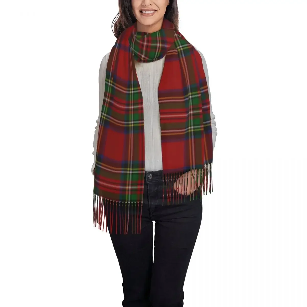 Mn Royal Stewart Tartan Clan Tassel Écharpe pour Femme, Châles Chauds, Wraps Géométriques Femme, Écharpes Vichy, Hiver