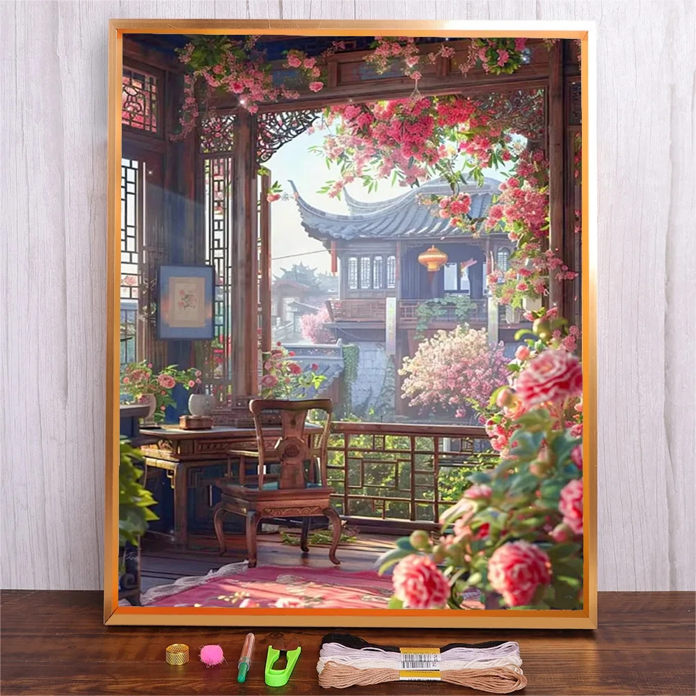 

Needlework DIY Cross Stitch Kit Building Flower House Patterns Chinese Building Printed Cross Stitch Embroidery Home Decoration