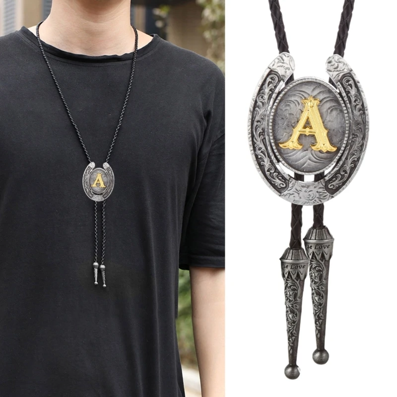 Fashionable Unisex Bolo Tie with Metal Initial Letter Pendant Western Leather Rope Necktie for Casual or Formal Event