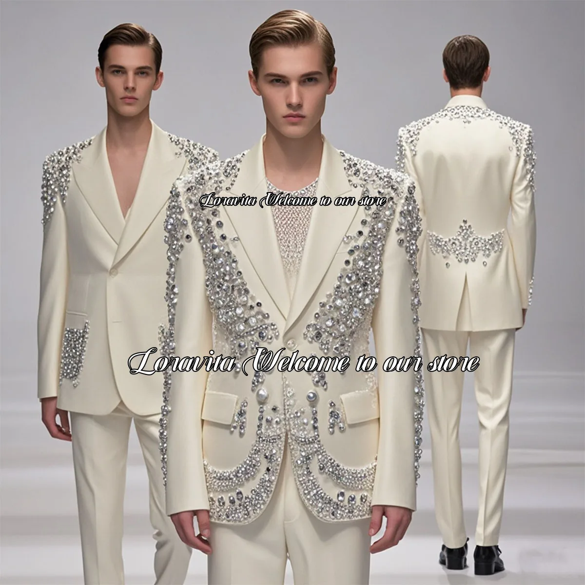 Sparkly Diamond Decoration Men Suit Tuxedos Luxury Beaded Wedding Groom 2 Pieces Male Prom BlazersSlim Terno Masculino Completo