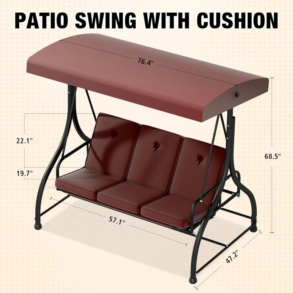 3 in 1 Outdoor Porch Glider Swing with Adjustable Canopy, 3 Seat Patio Swing Chair with Thickened Cushions, for Backyard, Porch