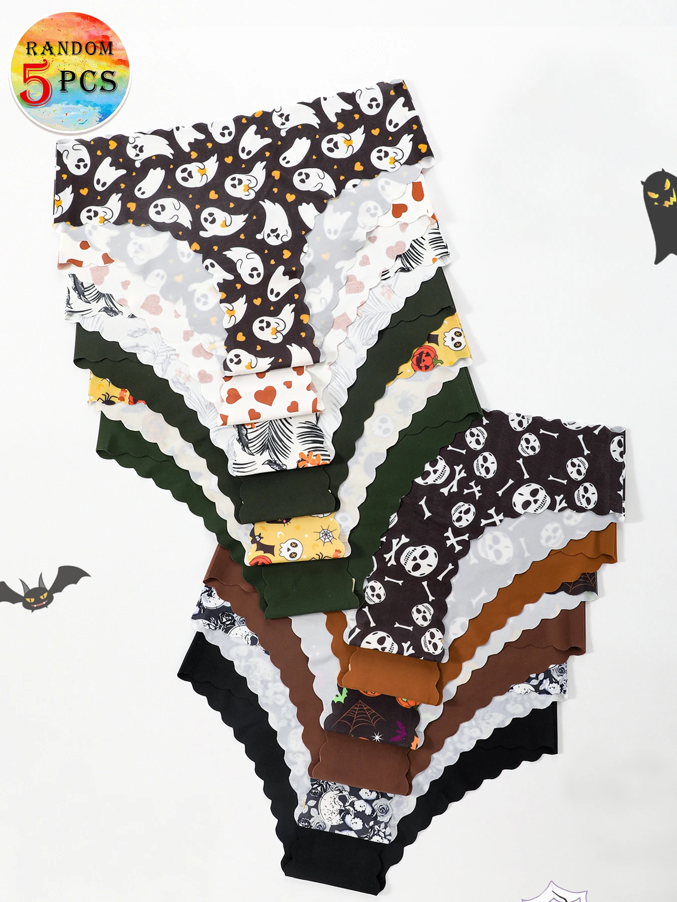 طقم مكون من 5 قطع من الملابس الداخلية النسائية بطابع الهالوين بألوان عشوائية وحواف مموجة وقصة ضيقة وسراويل داخلية مريحة ومثيرة للمهرجانات