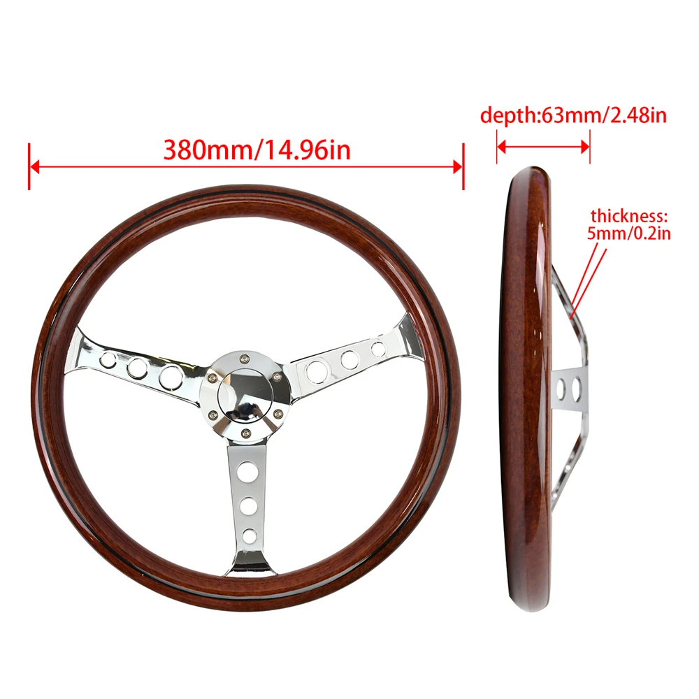 15inch Universal Classic Wood Grain Steering Wheel 3 Spoke 2.5inch Depth Steering Wheel with Horn Button 6 bolts