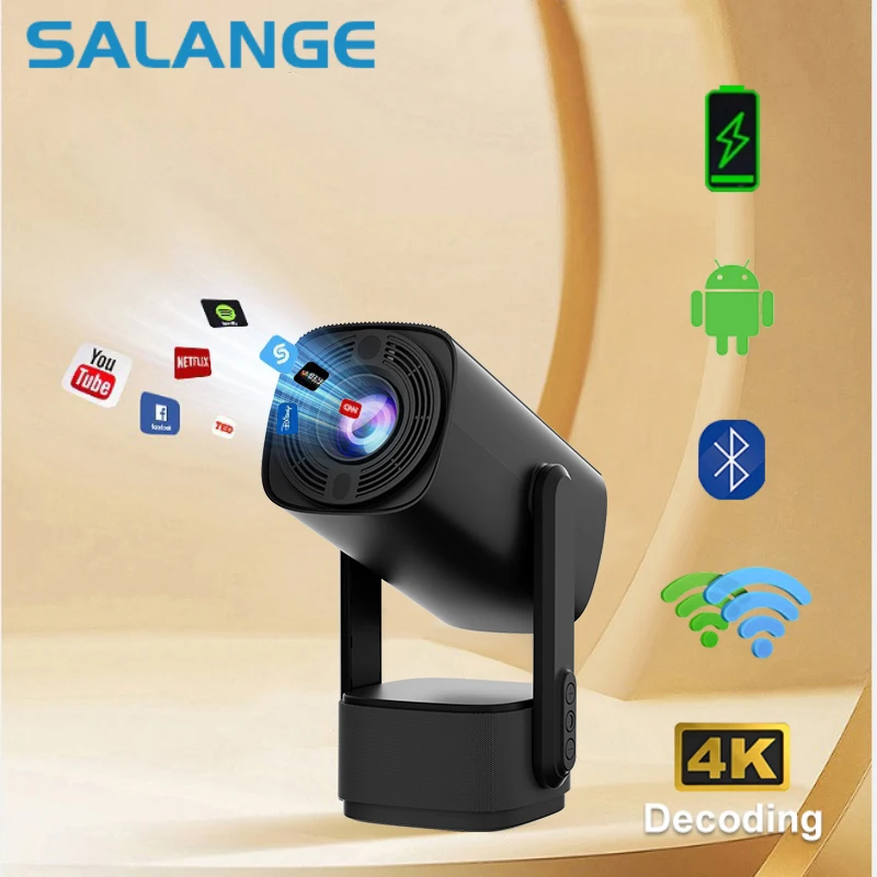 Salange K2 스마트 프로젝터 Android11 ​​내장 5200mAh 배터리 지원 모바일 전원 WIFI Bluetooth5.2 자동 초점 휴대용 야외 4K 영화 