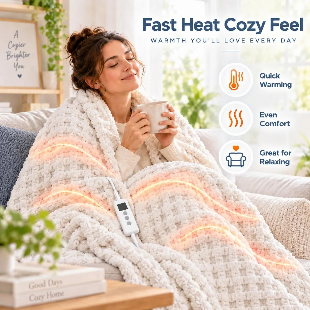 Heated Blanket 50 x 60 Inch White Electric Blanket with LCD Controller Heat Setting Memory Plaid Tufted Velvet Soft Fleece Backing and Three Layer Fabric for Bed Reading and Relaxation