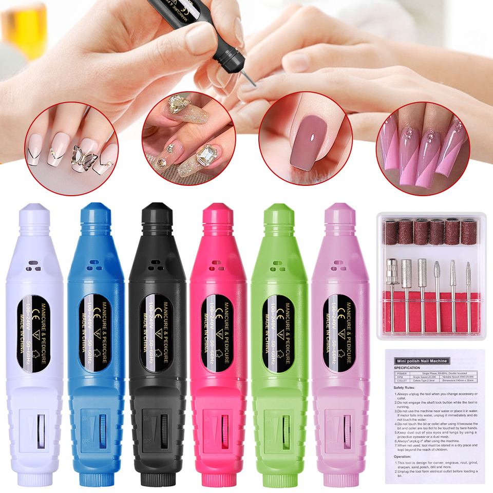  YIKOOLIN 6-in-1 Electric Nail Drill Kit Portable Manicure Polisher Nail File Equipment with Pen Tools for Nail Art 