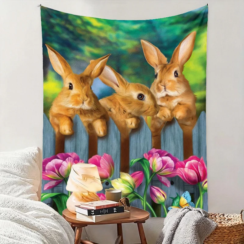1PC Three Rabbit Fence Art Print Backdrop Banner, Bedroom Living Room Photo Background, Polyester, Home Decor, Wall Art