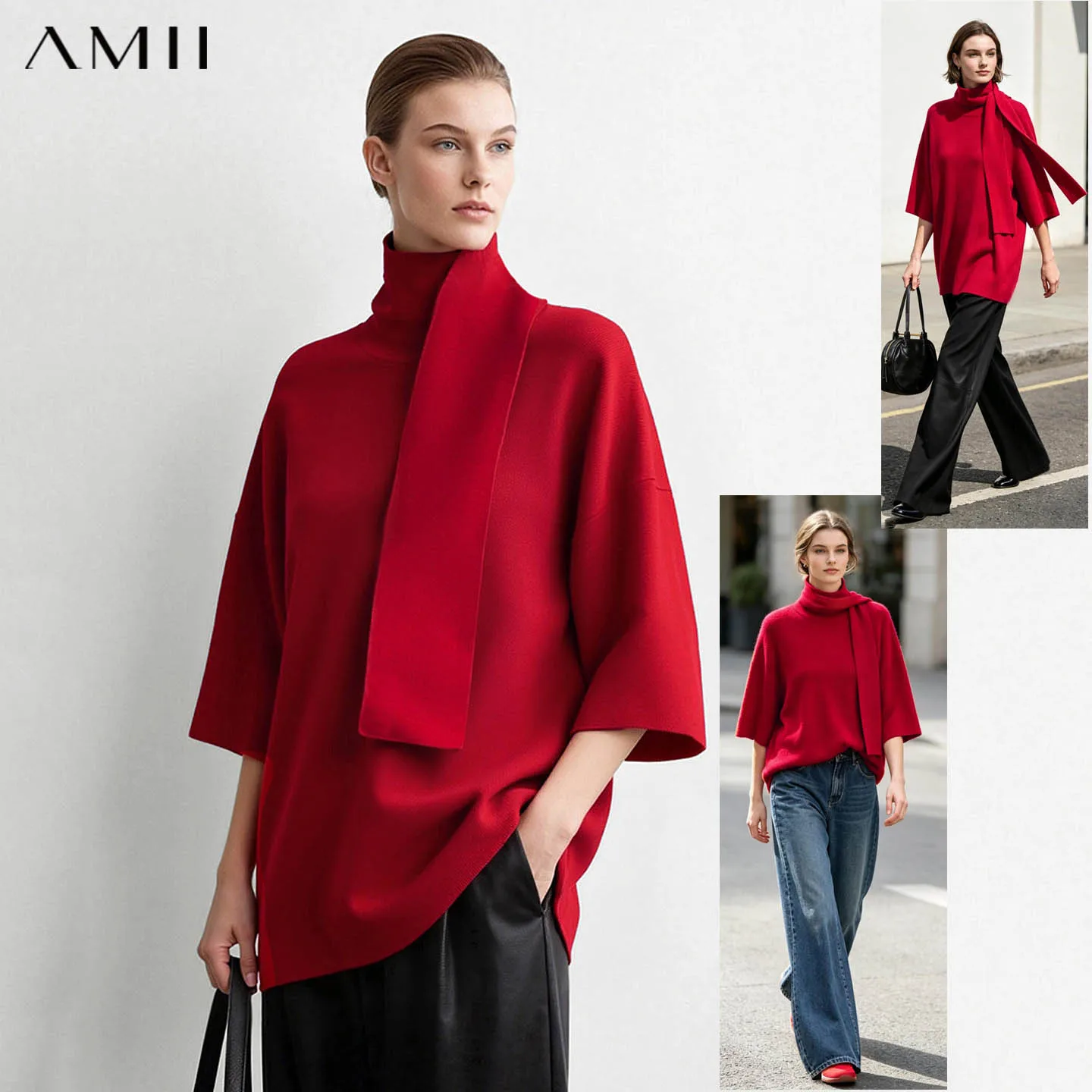 Amii Women's Sweater Turtleneck Knit Tops Minimalist 2026 Autumn Half Sleeve Pullover Loose Sweaters Woman Clothing 12613019