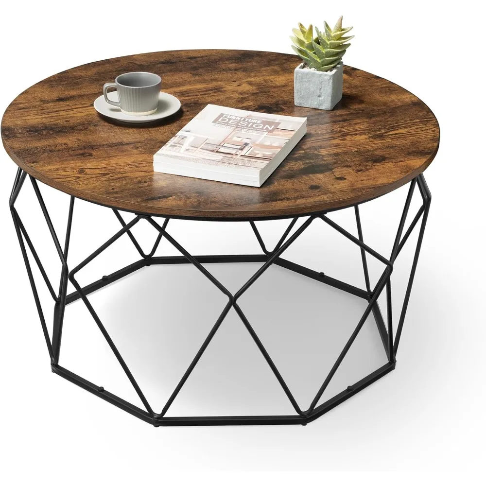 

Round Coffee Table for Living Room, Cage Cocktail Table with Steel Frame, 31.5 Inches Dia., Industrial Style, Rustic Bro