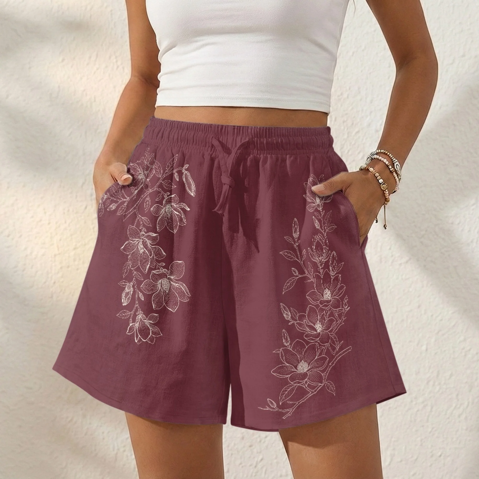 

Women's Casual Linen Shorts Simple Flower Summer Beach Casual Shorts Wide Leg High Waist Drawstring Vacation Outfit S-2XL