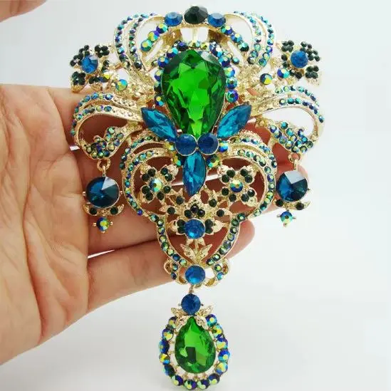

Fashion Style Flower Drop Brooch Pin Pendant Green Rhinestone Crystal
