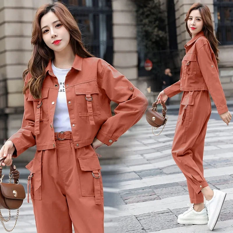 Fashion Safari Style Women\'s Two-piece Sets Spring Autumn Cotton Suits Long Sleeve Short Tops Jacket Harem Pants Workwear Sets