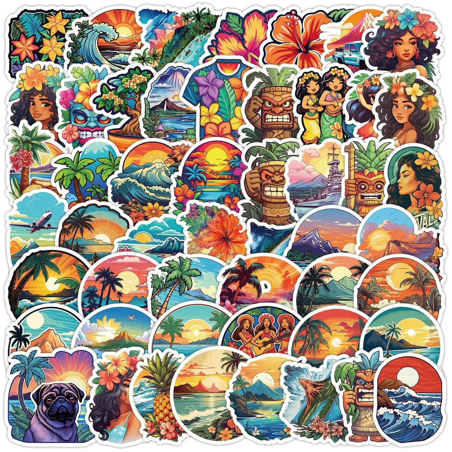 50/100 Pcs Watercolor Hawaiian Beach Vacation Theme Stickers DIY Suitcase Scooter Photo Album Fridge Wardrobe Drawer Notebook