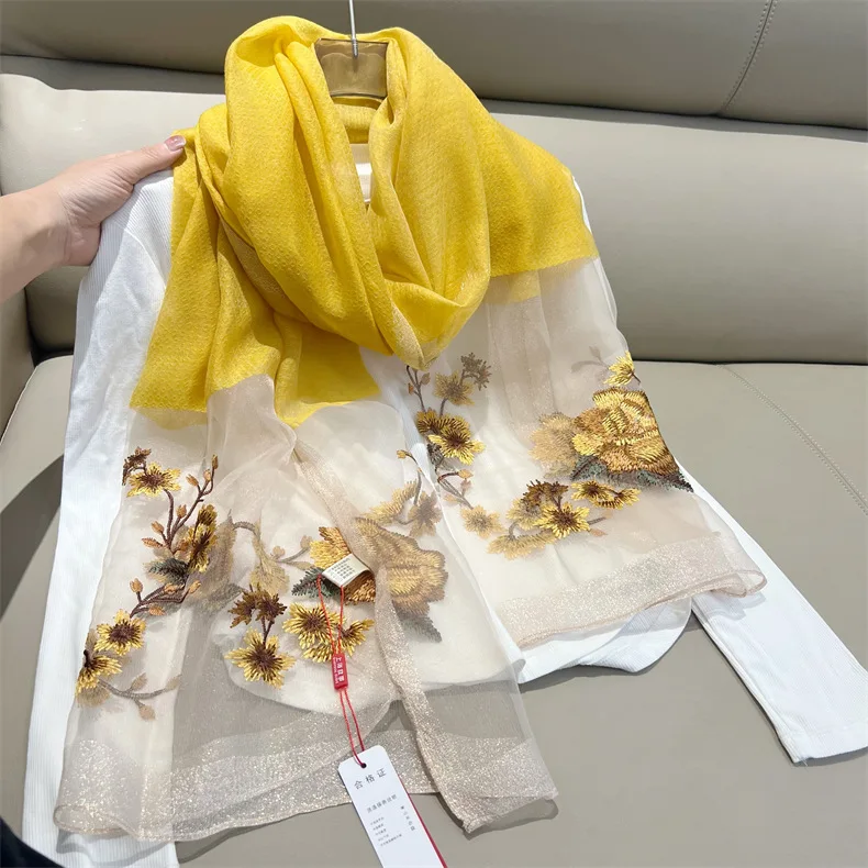 Large Silk Wool Scarf Fashon Summer Beach Shawl Wraps Women Neckerchief Embroidery Female Foulard Hijab Scarves bufanda poncho