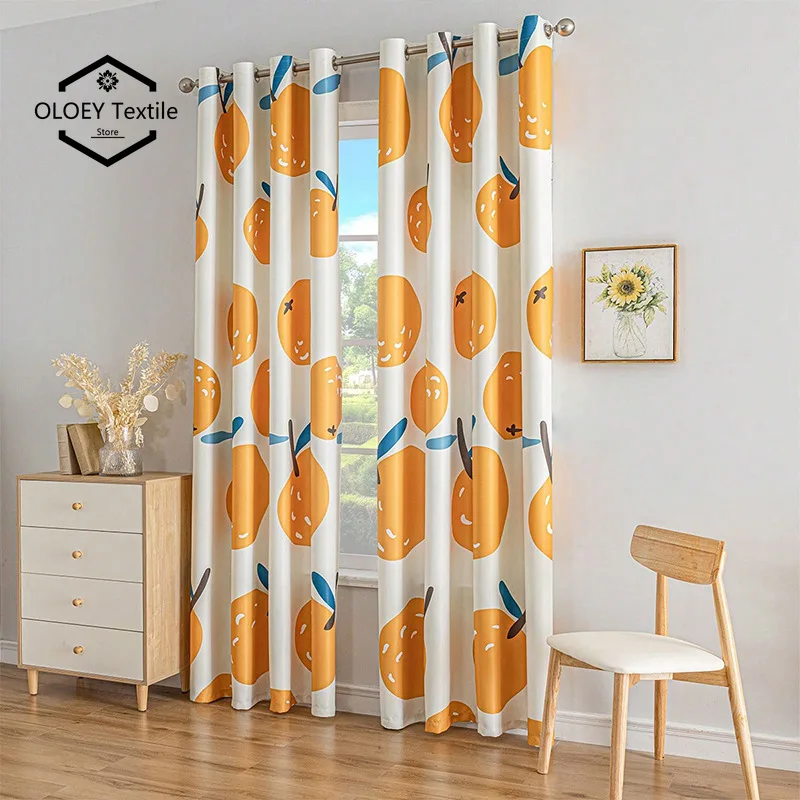 Cross-border Simple Single-sided Printed Orange Tulle Semi-shading and Opaque Sunshade Curtains for Living Dining Room Bedroom