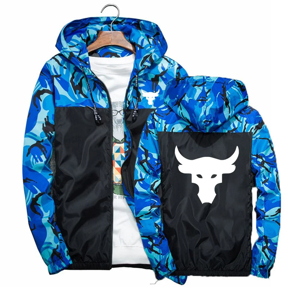 

Dwayne Johnson Brahma Bull Tattoo Logo Printed Spring Autumn Men's Fashion Patchwork Camouflage Design Zipper Hooded Jacket Coat