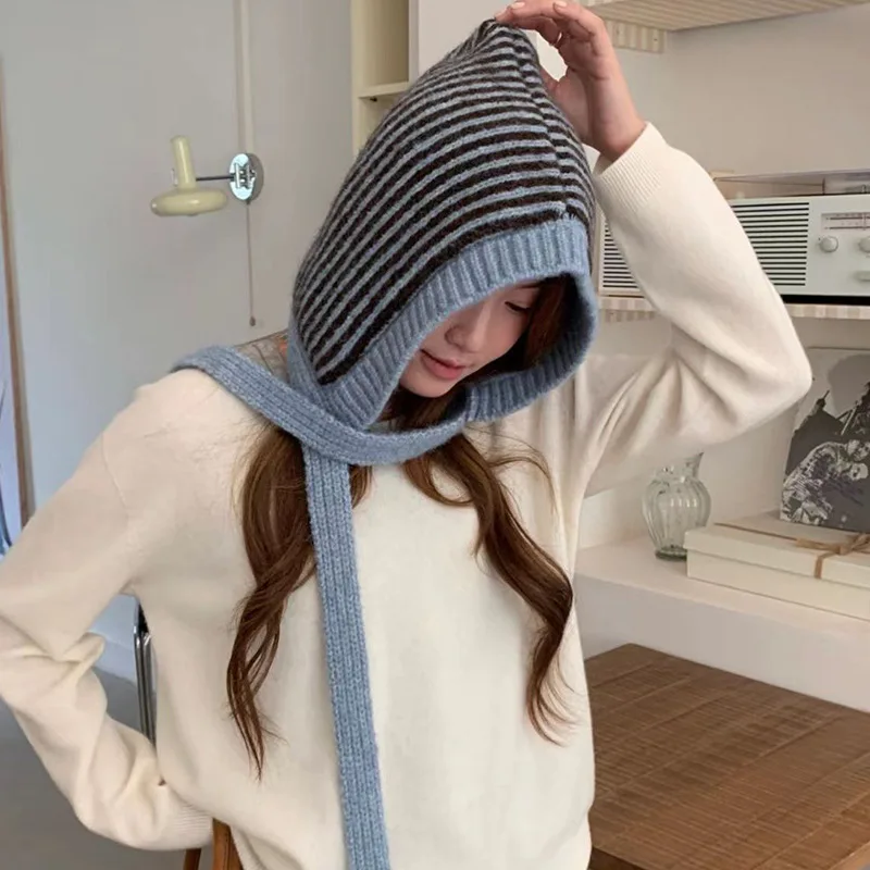 Neue japanische Wollmischung, gestreifte Strickmütze mit Schnürung, zum Schutz der Ohren, ideal für den Winter, zum Schutz des Nackens im Freien, warme Bombermütze. – Detail 3