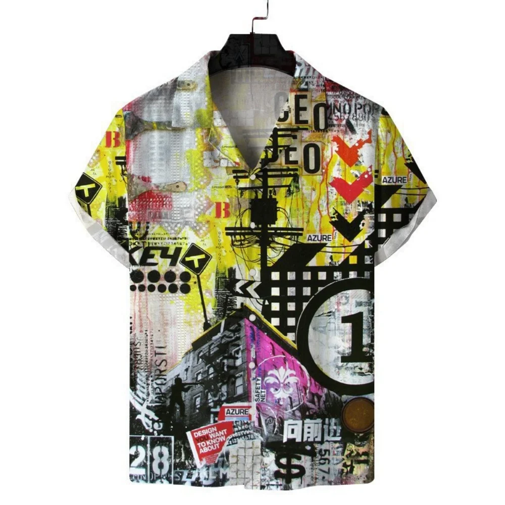 

Street Muscle Men's Shirt Messy Graffiti Print Short Sleeve 2024 Elegant and Clean Top Mature and Crisp Clothing Lines Simple