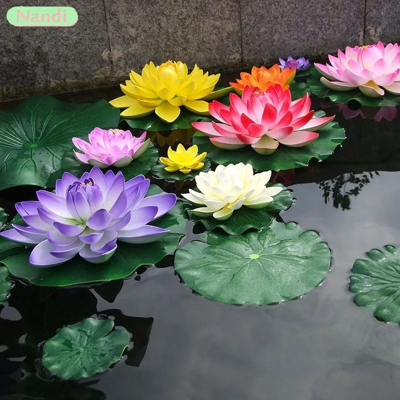1/2 peças decoração de piscina de flores artificiais de folha de lótus e lótus, paisagismo de plantas verdes, adereços flutuantes de tanque de peixes, lírio de água