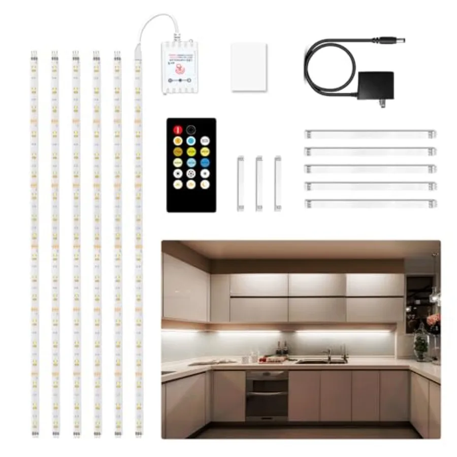 Under Cabinet Lighting kit, 6 PCS LED Strip Lights with Remote, Dimmer and Adapter, Dimmable for Kitchen Cabinet, Counter, TV B